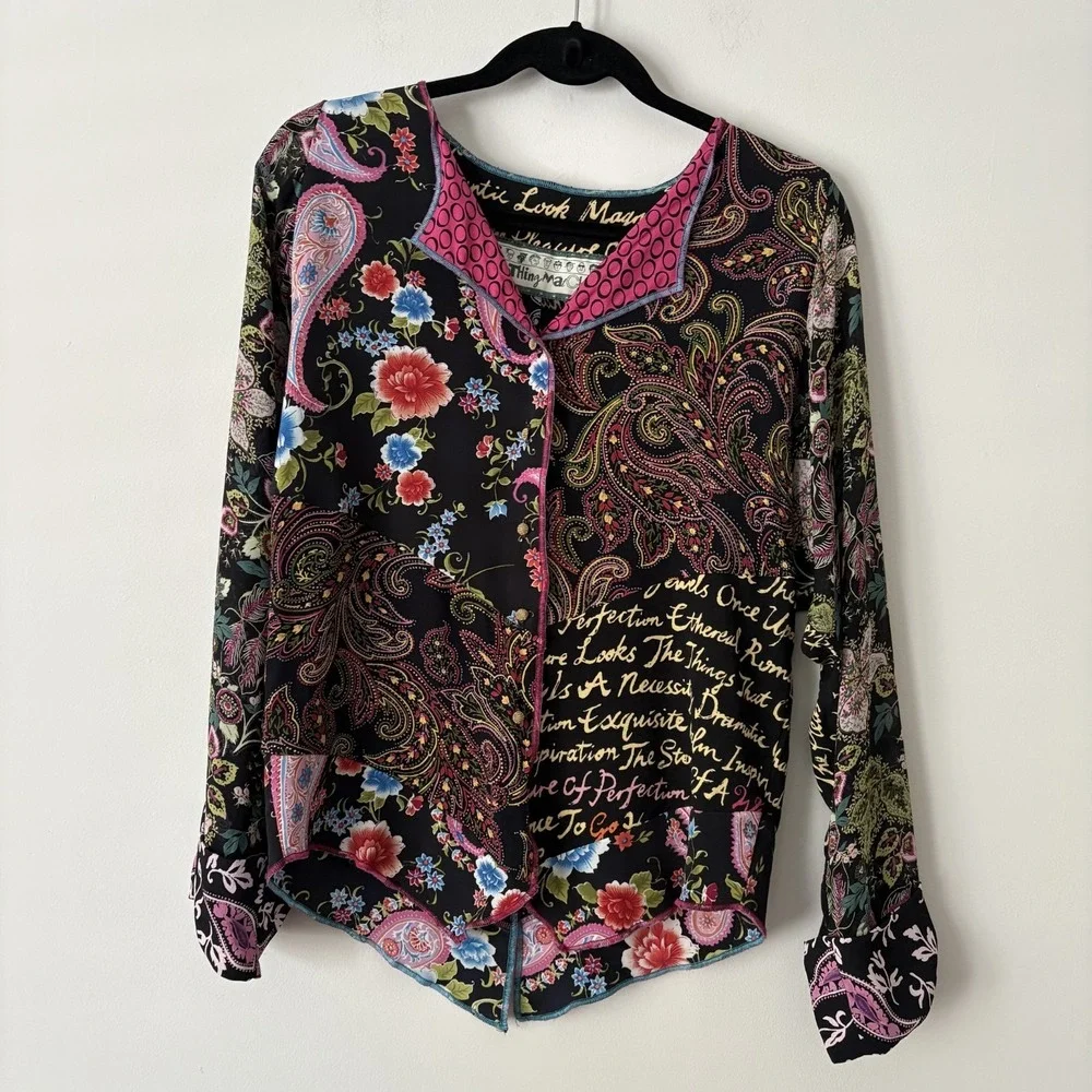 Nothing Matches Mixed Print Button Front Top Size 0 XS Patchwork Artsy Boho USA